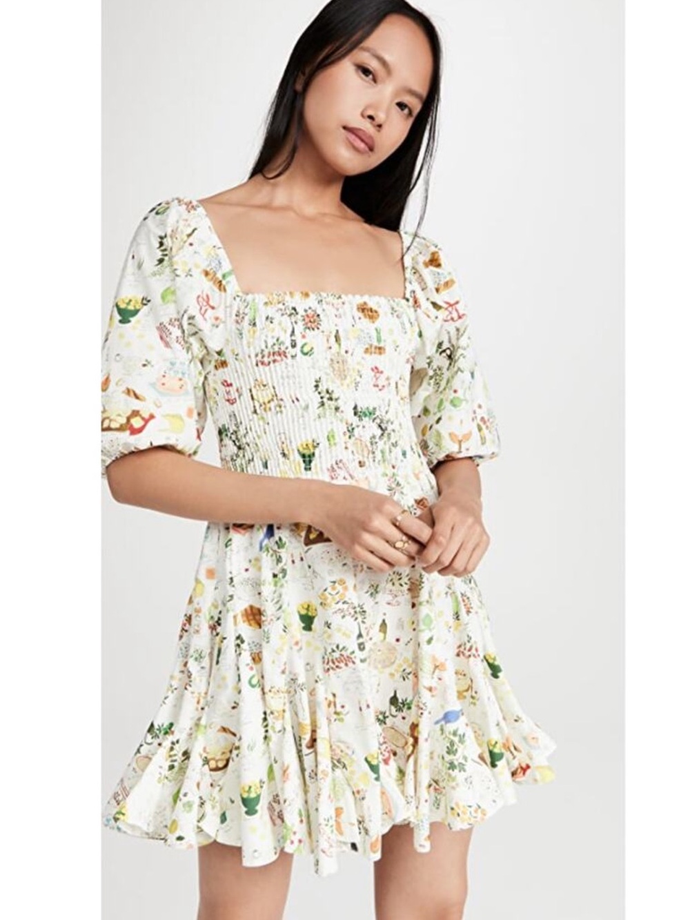 RHODE Astrid Picnic White Smocked Puff Sleeve Mini Dress S